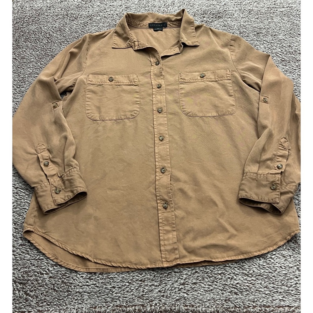 Sanctuary Womens M Brown Lyocell Utility Boyfriend Shirt Roll Tab Button Down